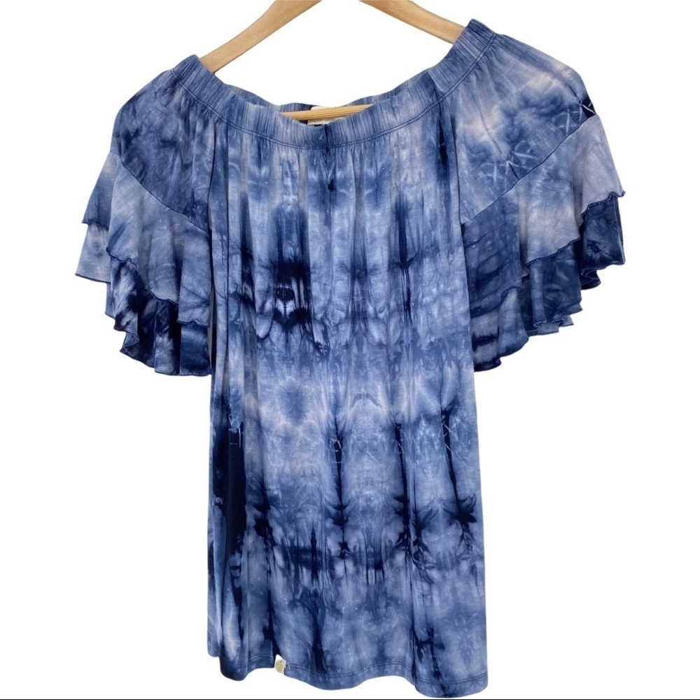 Simply Southern blue white tie dye ruffle sleeve top